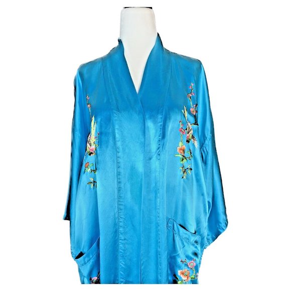 Vintage Golden Bee Turquoise Blue Embroidered Robe Kimono - Picture 4 of 11